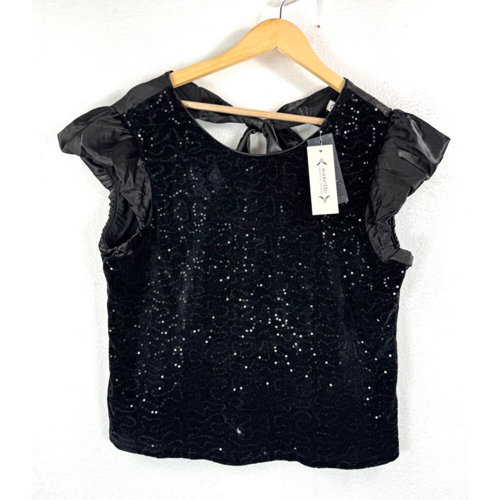 Nanette Lepore Velour Sequin puff sleeve‎ blouse blk cocktail 90s sz L